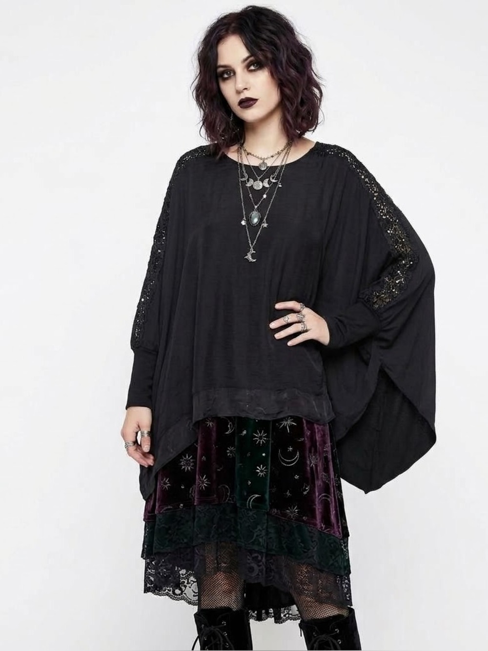 Boho Whimsigoth Sheer Silk Overlay Boxy Fit Top Lagenlook Witchy Vampirecore